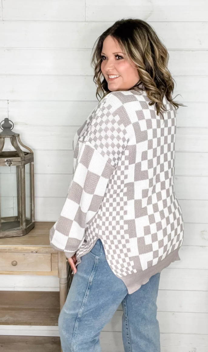 ✨ Checkered Sequin Detail Cardigan – Greige