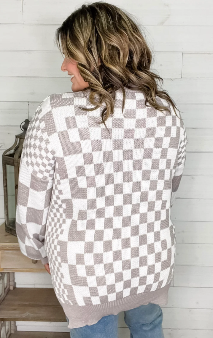 ✨ Checkered Sequin Detail Cardigan – Greige