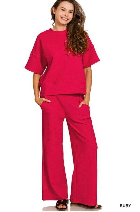 Ribbed Round Neck Tee & Pants Set – Ruby