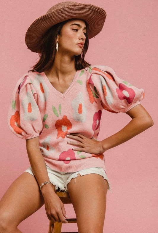 Blush Bloom Puff Sleeve Sweater 🌸✨