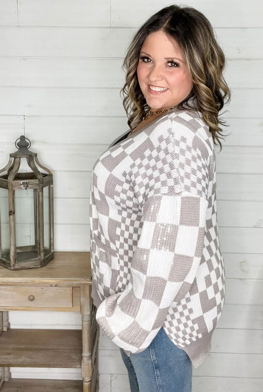✨ Checkered Sequin Detail Cardigan – Greige
